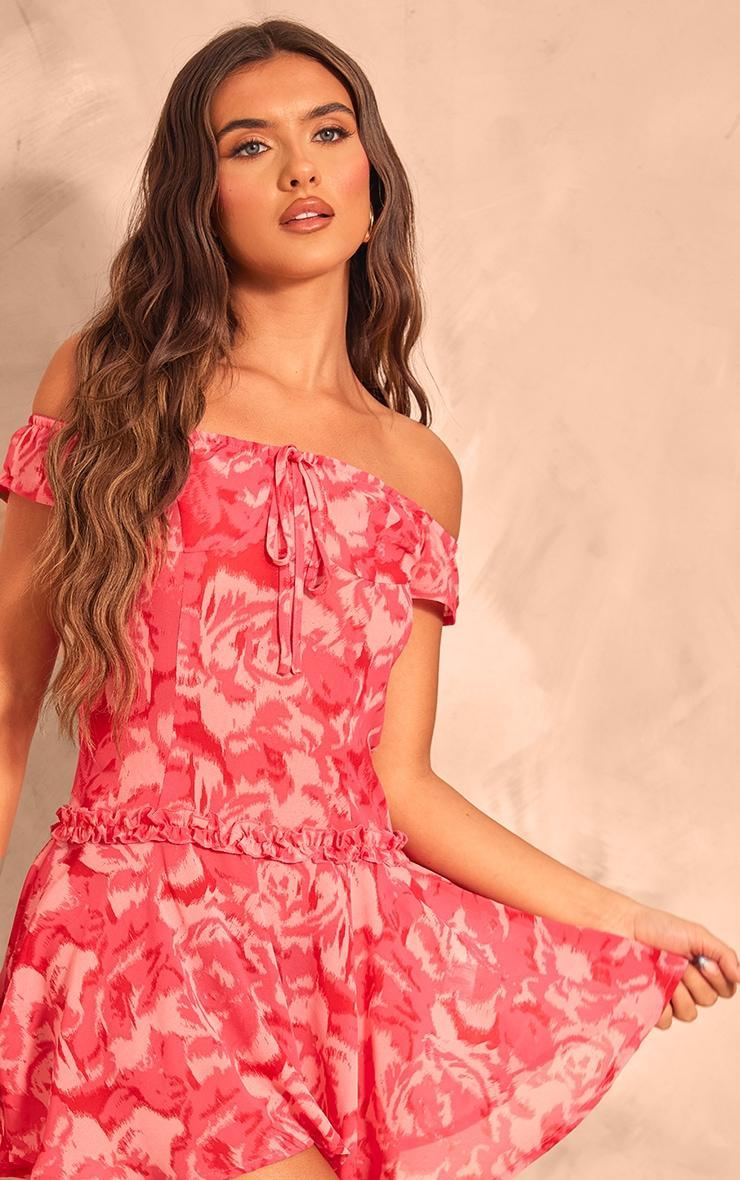 Hot Pink Abstract Print Frill Bardot Shift Dress Product Image