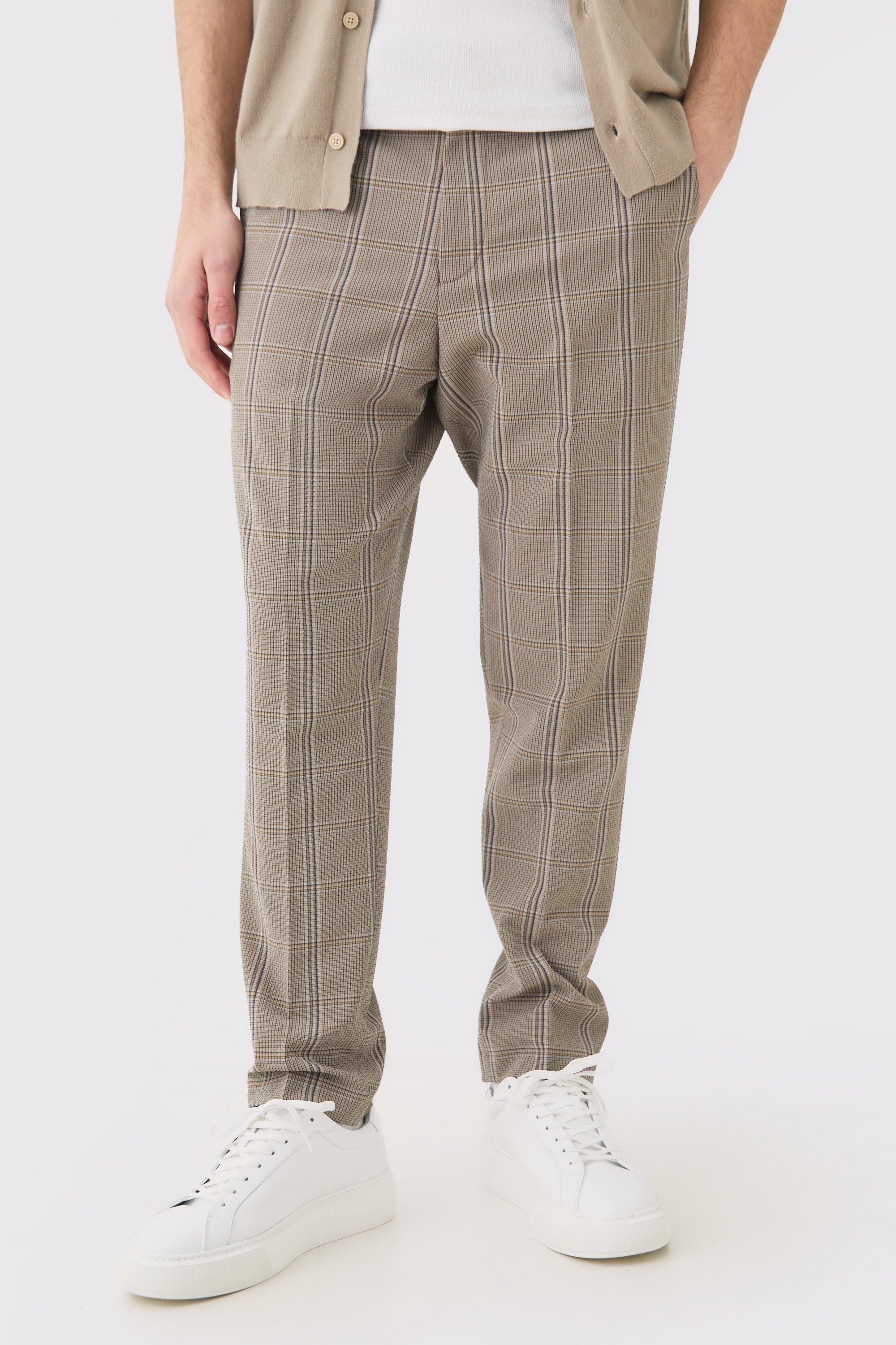 Mens Brown Stretch Textured Check Tailored Trousers, Brown Product Image