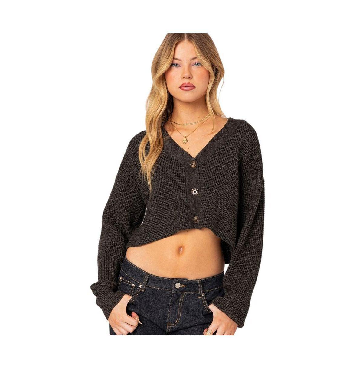 EDIKTED Waffle Knit Crop Cardigan Product Image