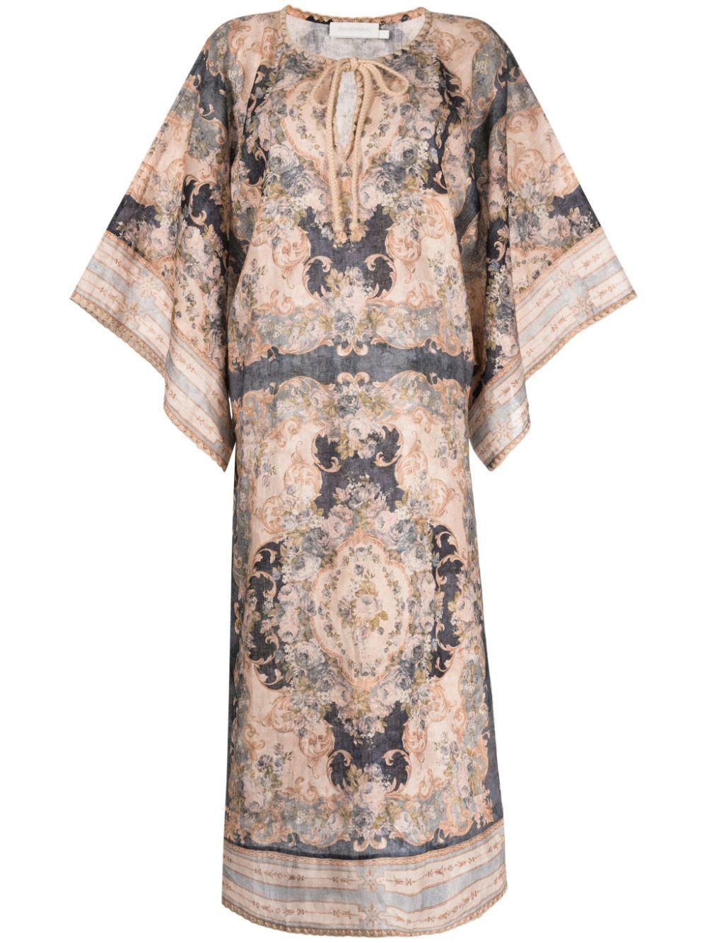 ZIMMERMANN Linen August Kaftan Midi Dress In Blue,multi Product Image