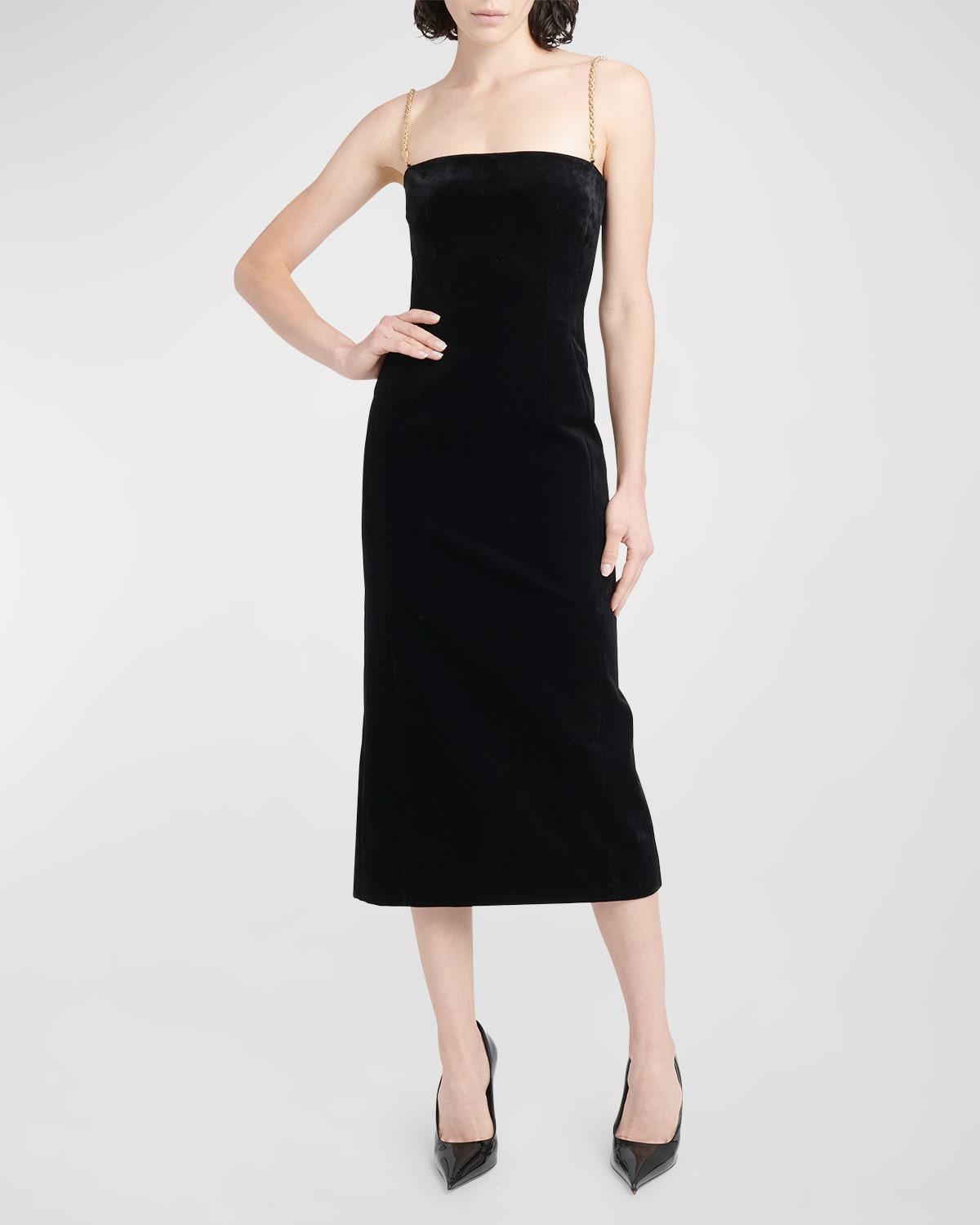 Sleeveless Chain-Straps Velvet Midi Dress Product Image