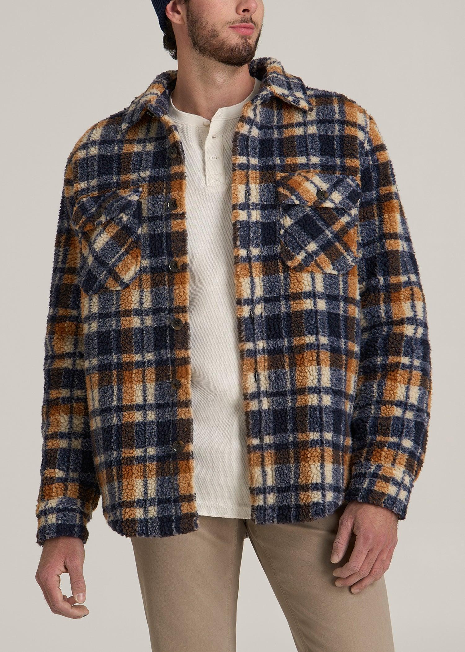 Tall Men's Sherpa Shirt Jacket in Dark Blue and Orange Plaid Male Product Image