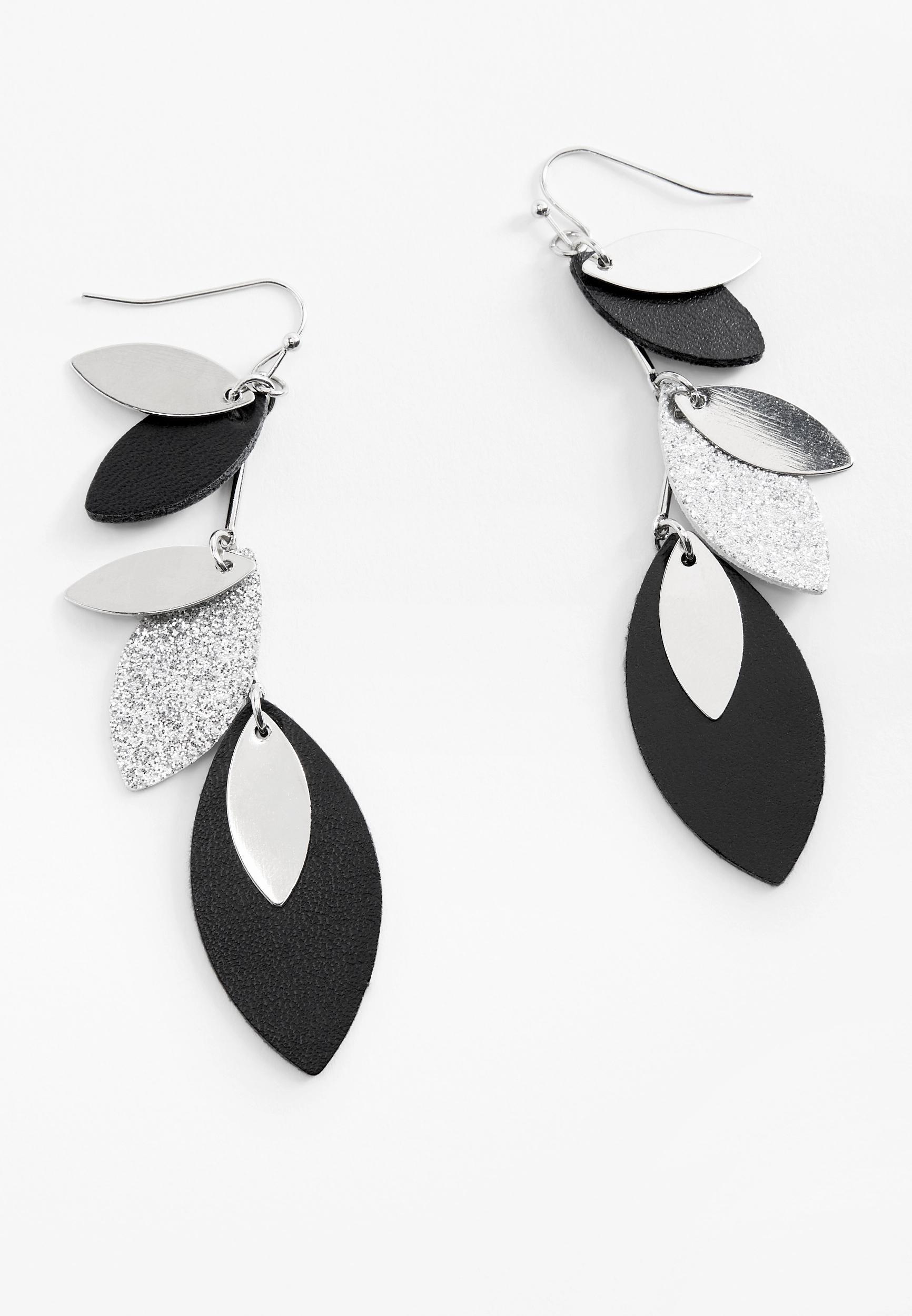 Black And Silver Linear Leaf Drop Earrings Product Image