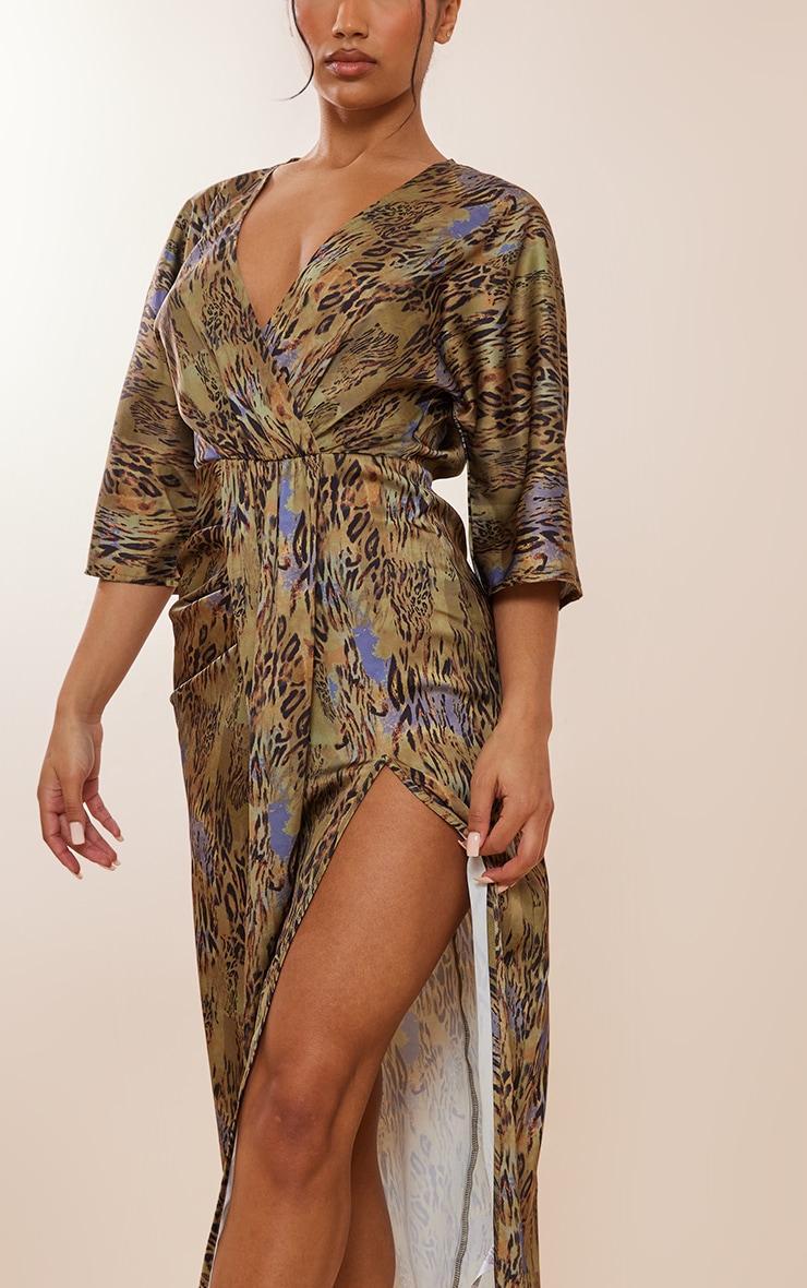  Khaki Animal Print Satin Batwing Plunge Split Midaxi Dress Product Image