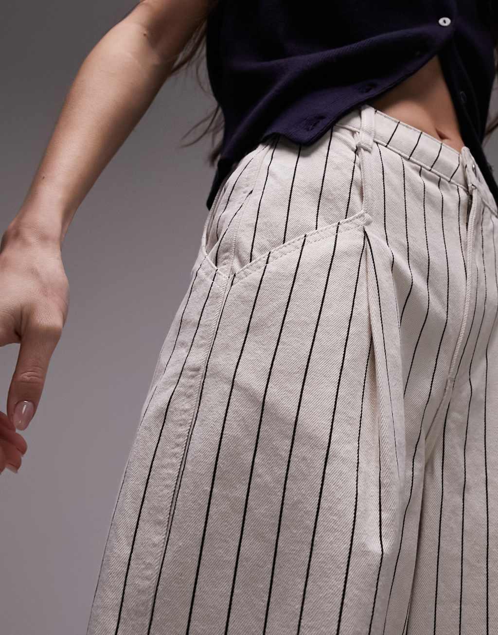 Topshop stripe wide leg cuffed hem pants in ecru Product Image