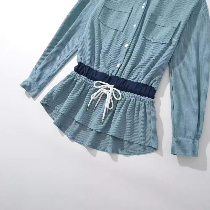 Long Sleeve Collared Drawstring-Waist Corduroy Mini A-Line Shirt Dress Product Image