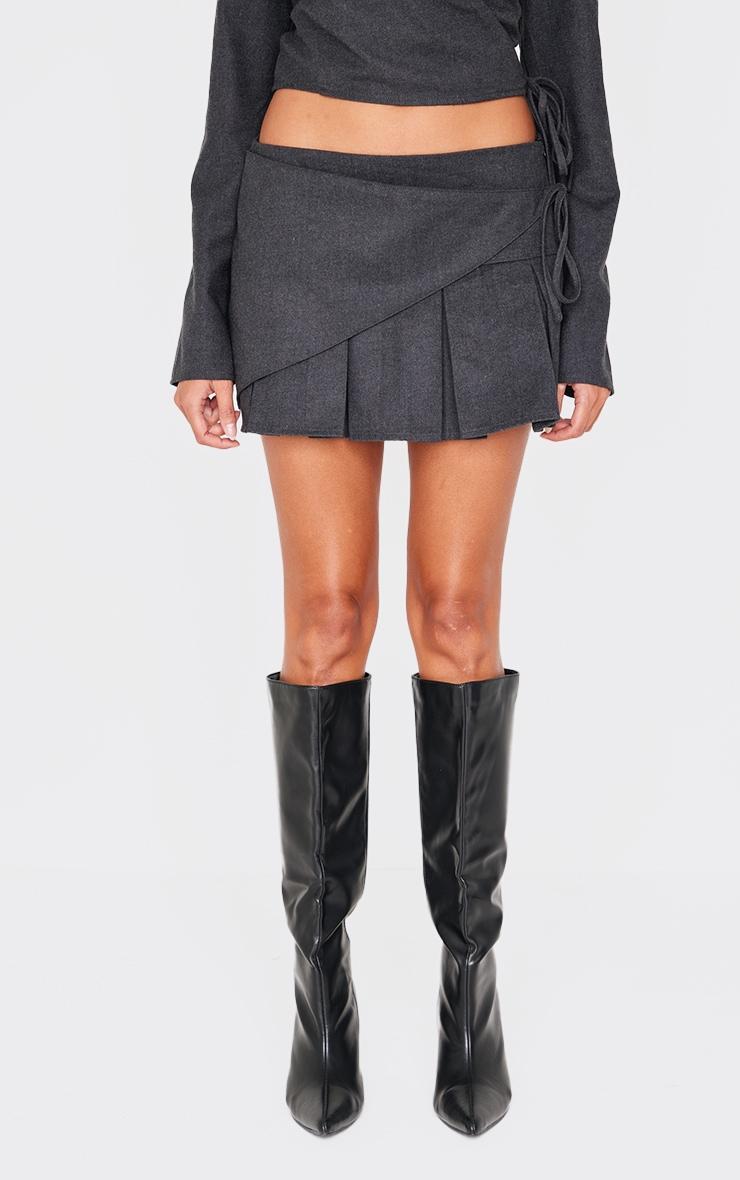 Charcoal Brushed Woven Tailored Tie Pleated Micro Mini Skirt Product Image