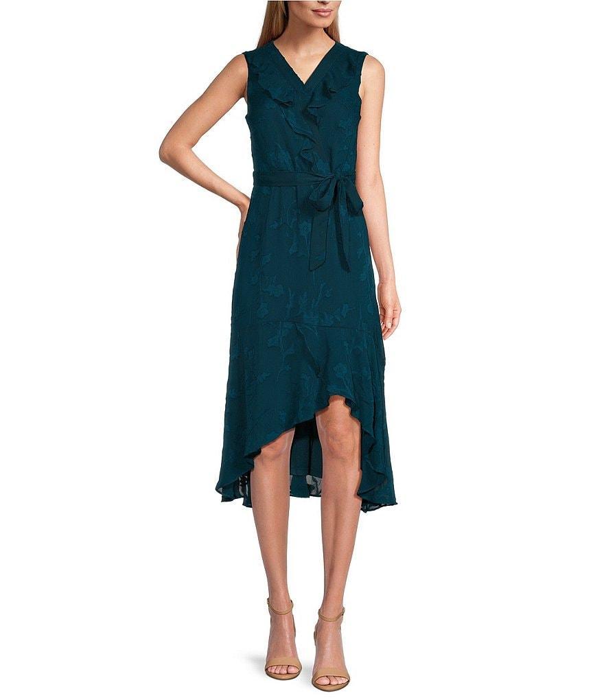 Leslie Fay Sleeveless V-Neck Ruffle Tie Waist Dress Product Image