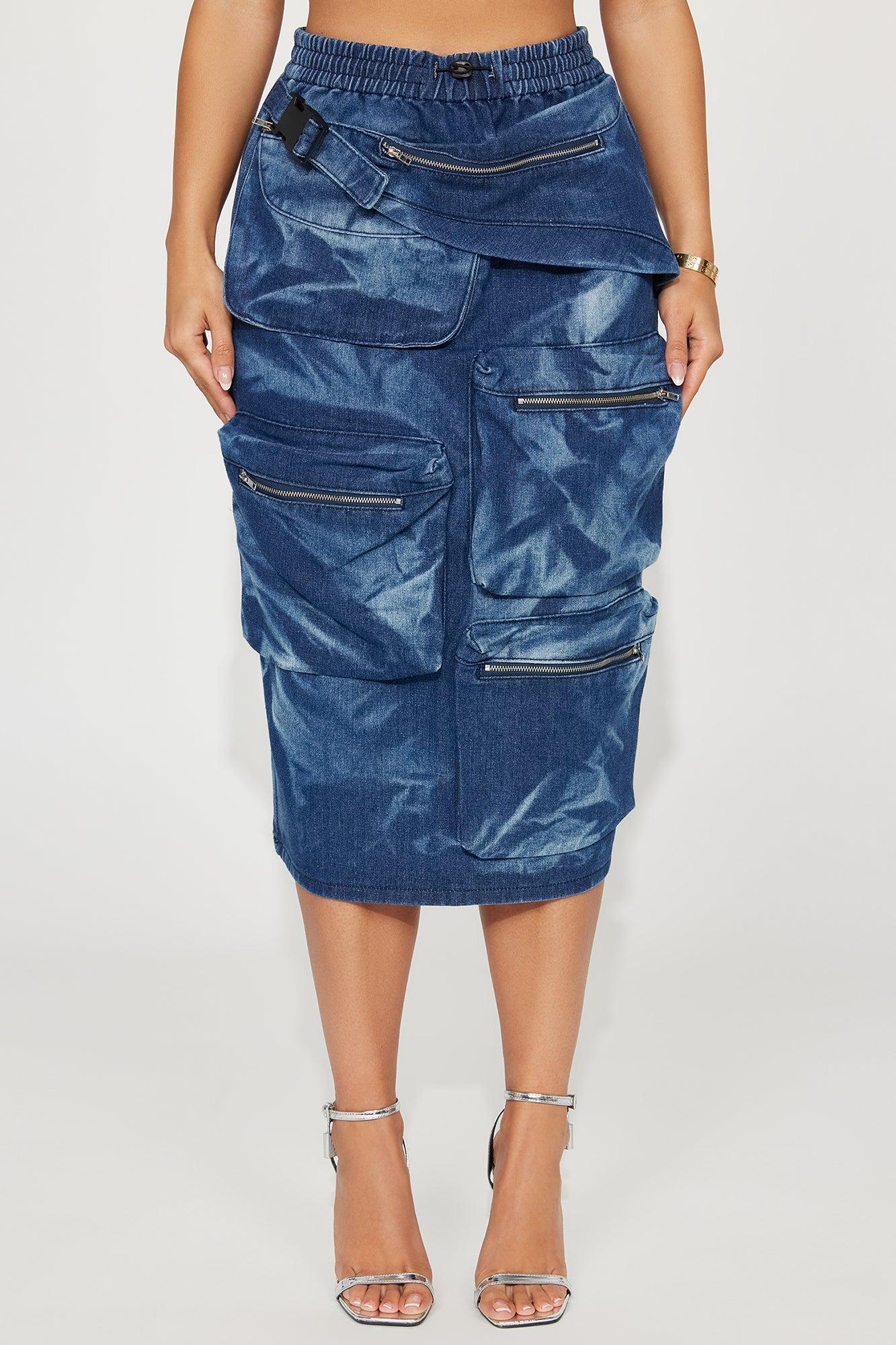 Not Sorry Mineral Wash Cargo Midi Skirt - Dark Wash Product Image