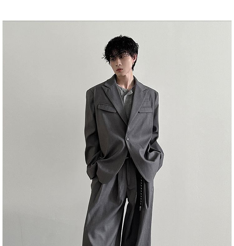 Peak Lapel Plain Single Breasted Blazer / Mid Rise Wide Leg Dress Pants Product Image