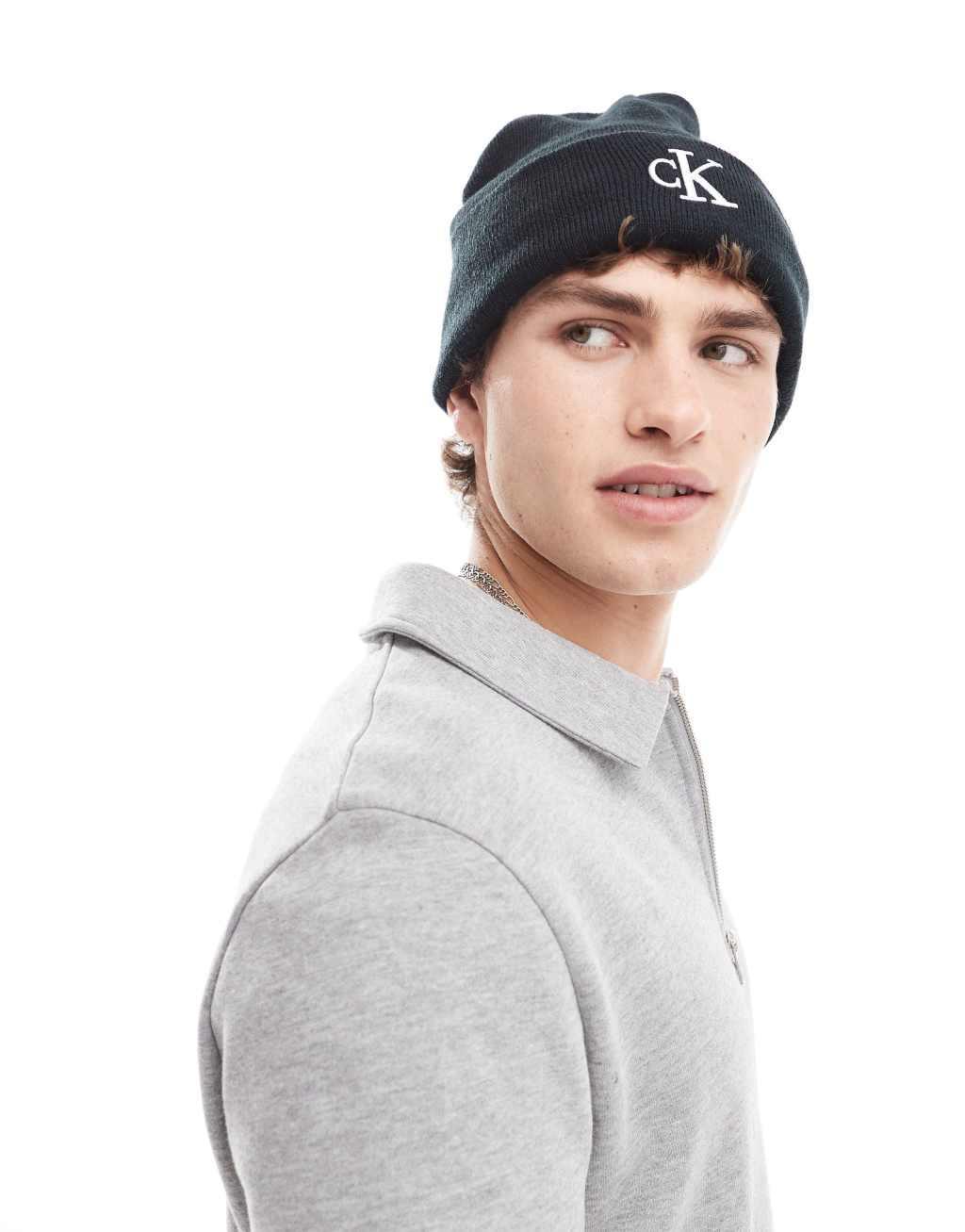 Calvin Klein Jeans monologo embroidered beanie in black Product Image