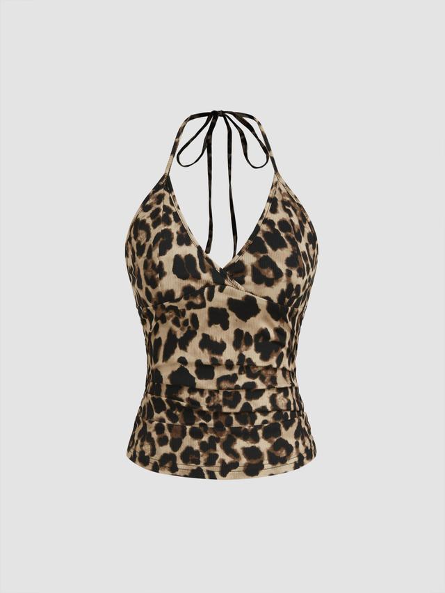 Halter Neckline Leopard Knotted Cami Top Product Image