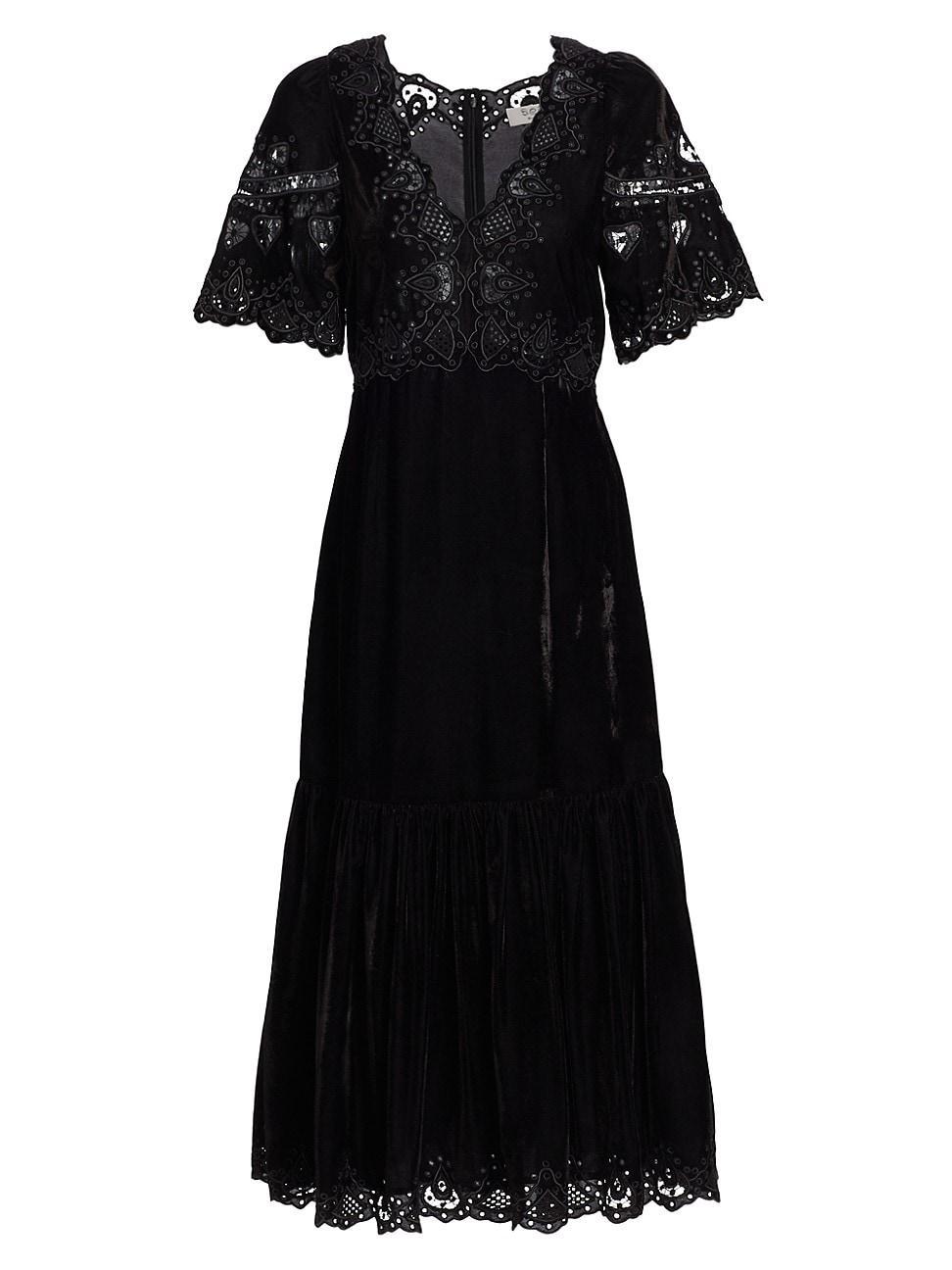 Womens Eliana Embroidered Velvet Midi-Dress Product Image