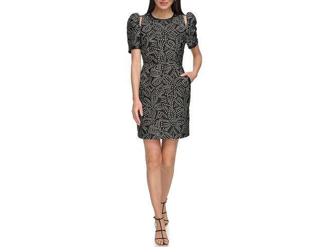 DKNY Short Sleeve Faux Stud Shoulder Cut Dress (Silver/Black) Women's Clothing Product Image