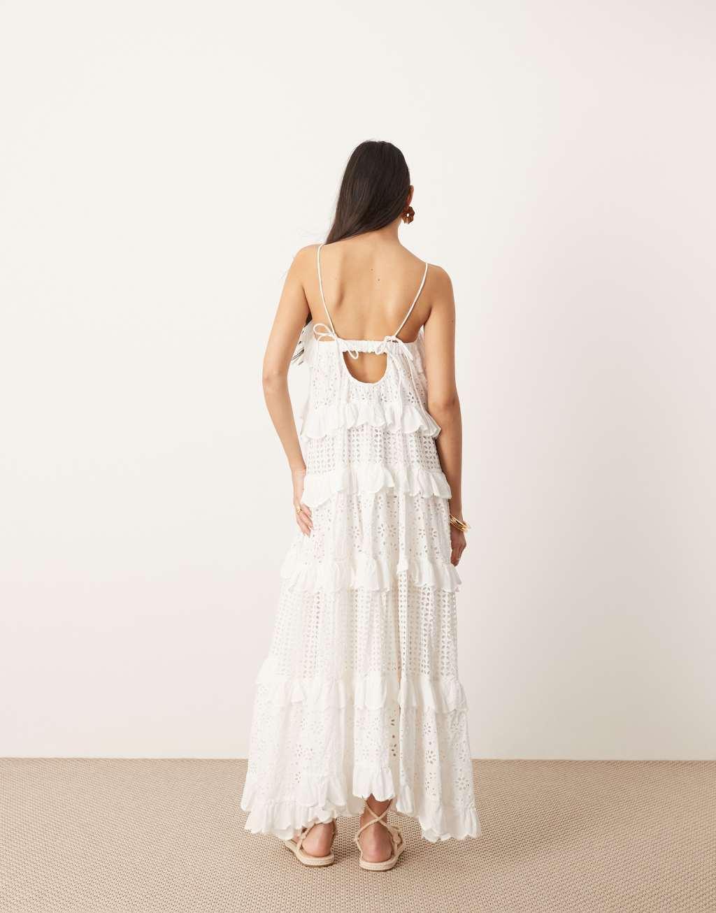 ASOS EDITION strappy eyelet trapeze tiered maxi dress in white Product Image