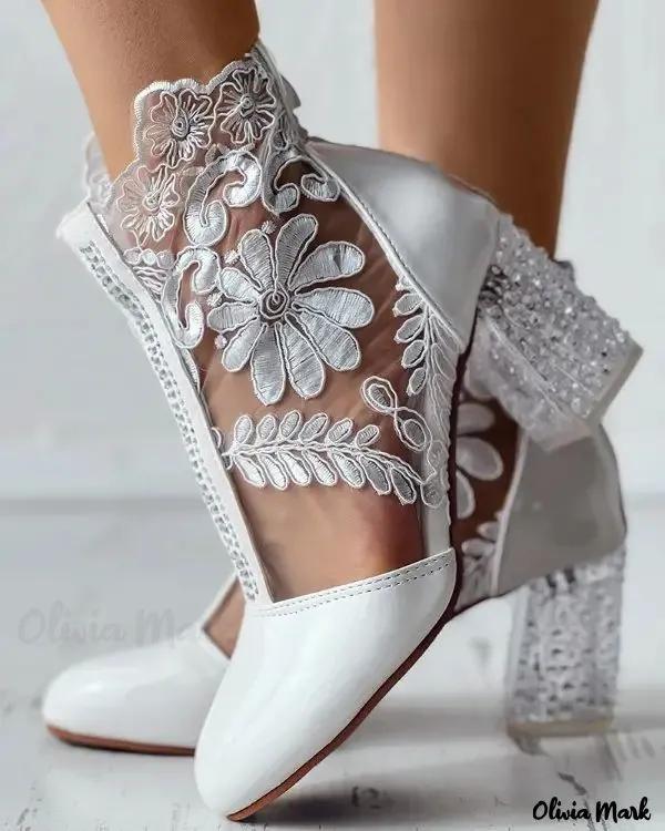 Olivia Mark – Flower Embroidered Chunky Heel Transparent Boots Product Image