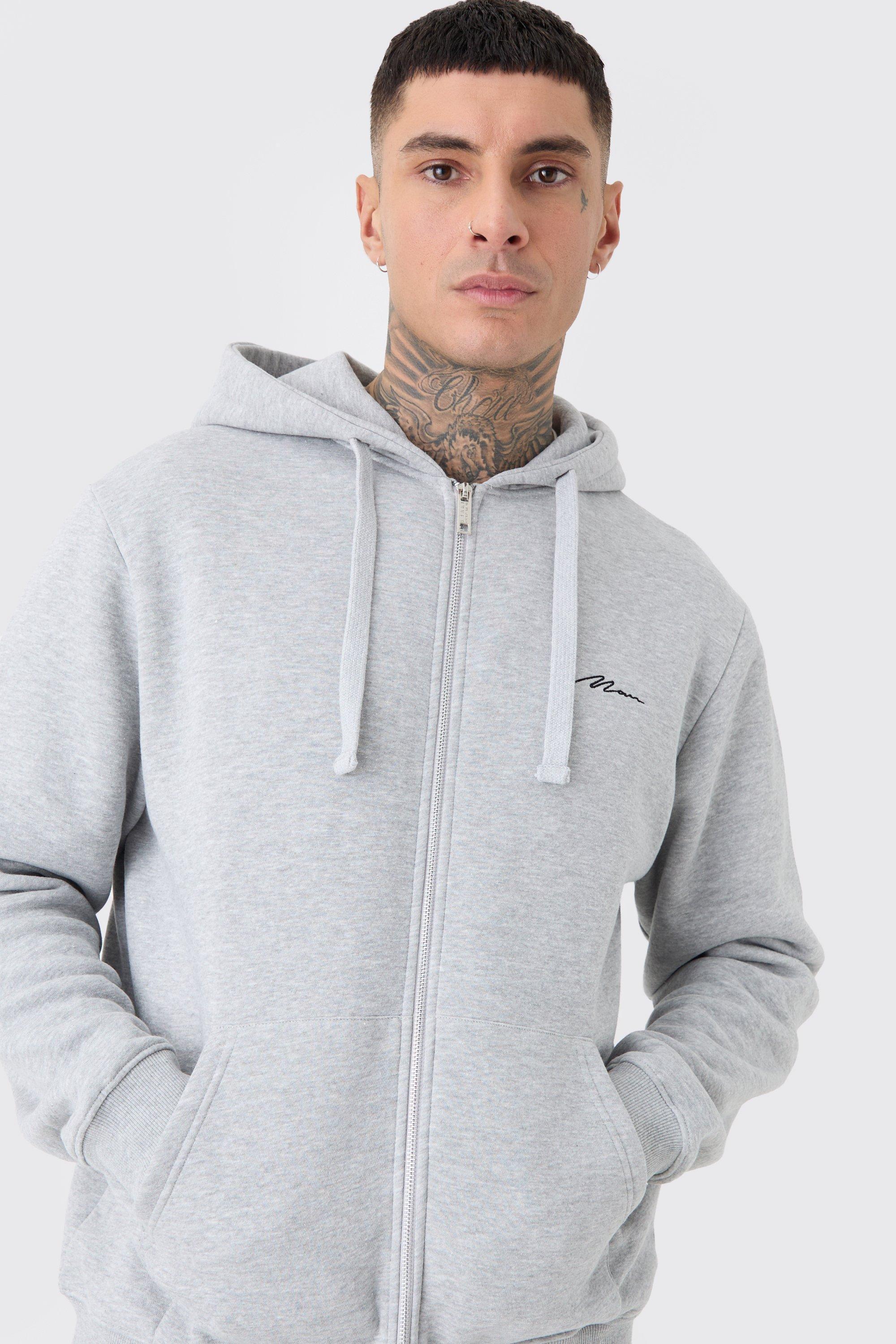 Tall Basic Man Signature Zip Through Hoodie In Grey Marl | boohooMAN USA Product Image