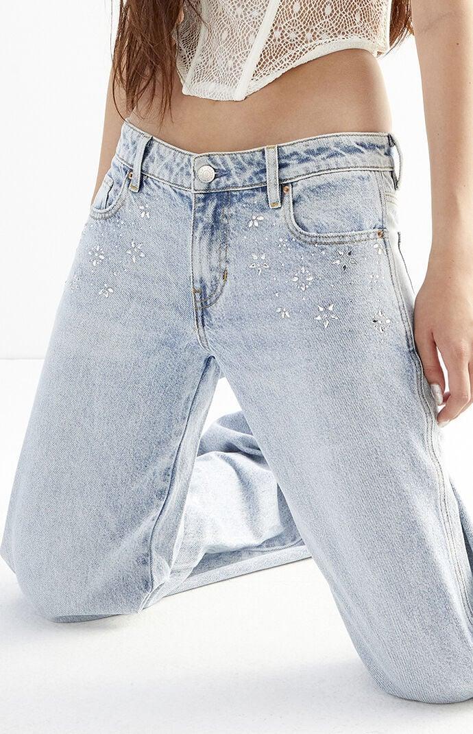 Women's Casey Light Indigo Rhinestone Low Rise Baggy Jeans Product Image