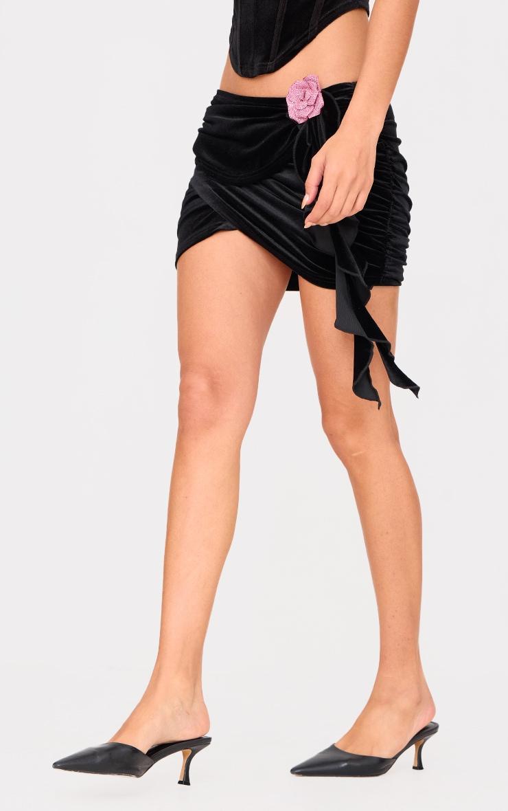 Black Velvet Ruched Frill Detail Mini Skirt Product Image