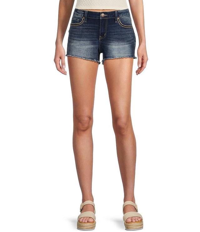 YMI Jeanswear Mid Rise Frayed Hem Embroidered Denim Shorts Product Image