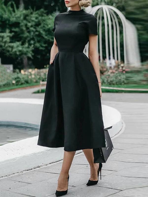 Short Sleeves Solid Color Stand Collar Midi Dresses Product Image