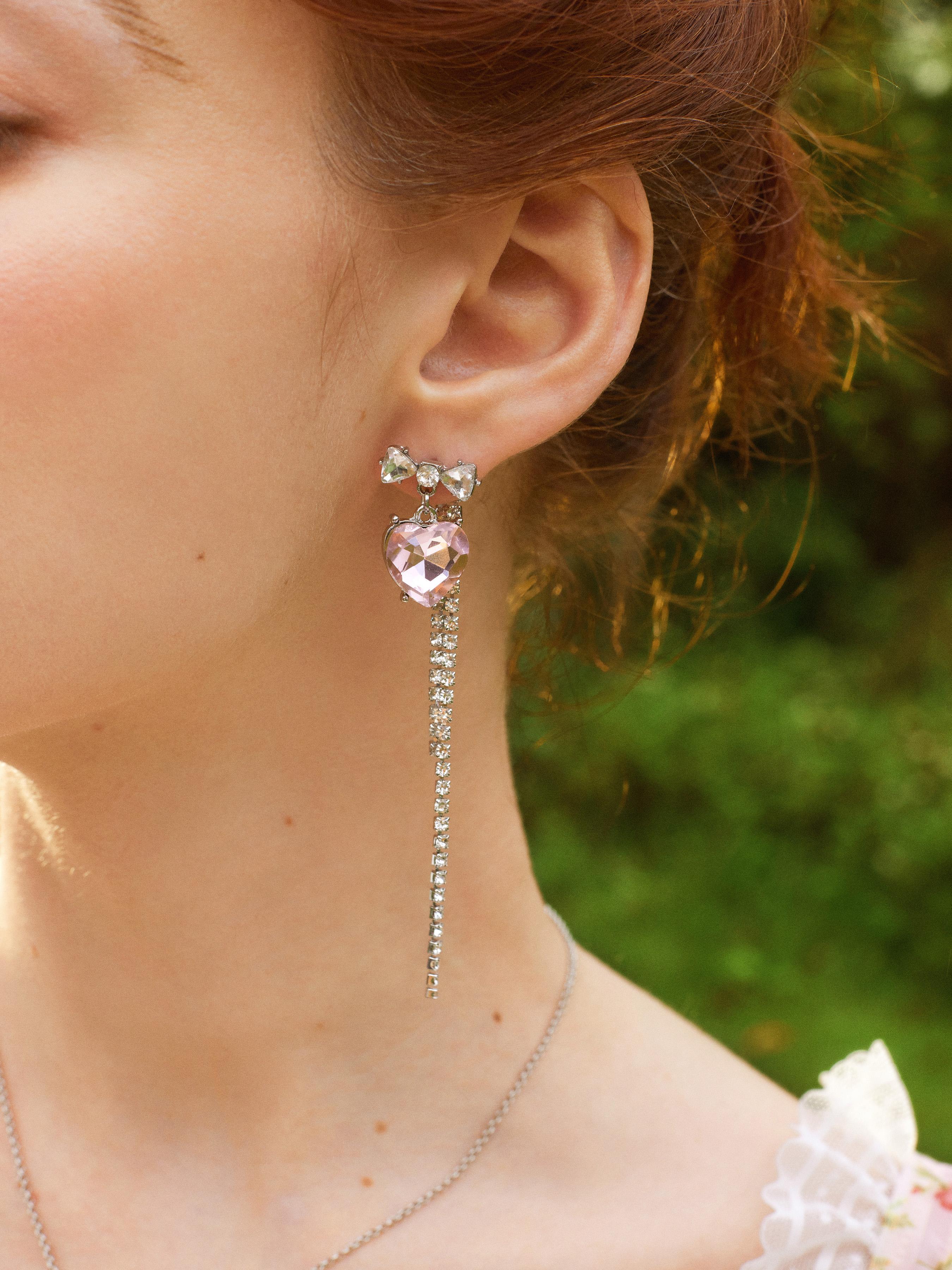 Heart Bow Rhinestone Tassel Drop Earrings Product Image