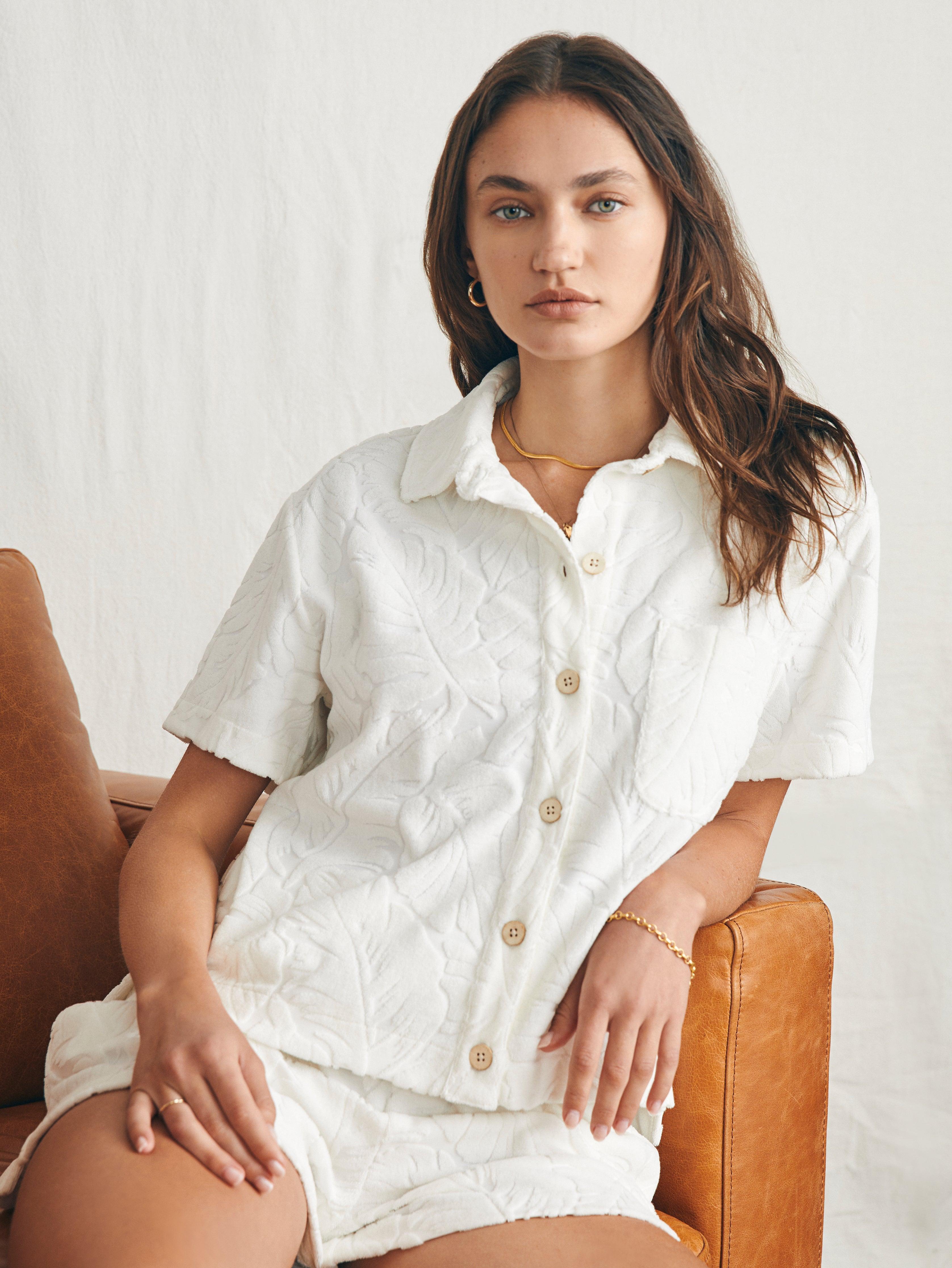 Cabana Towel Terry Short Sleeve Button Up - Tropic Fern Vintage White Female Product Image