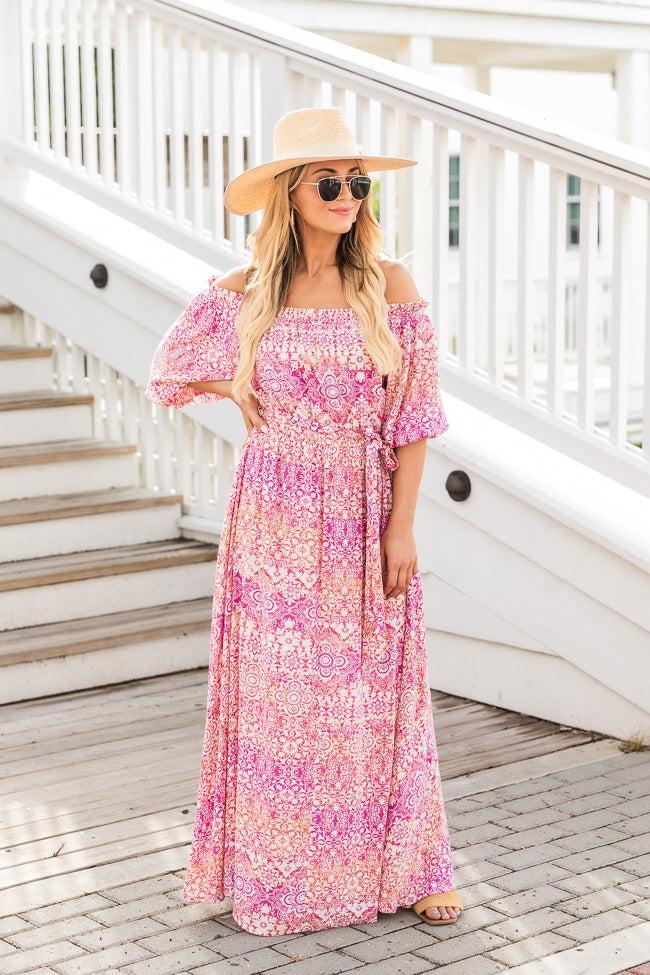 Dynamic Love Pink Printed Off The Shoulder Maxi Dress FINAL SALE Product Image