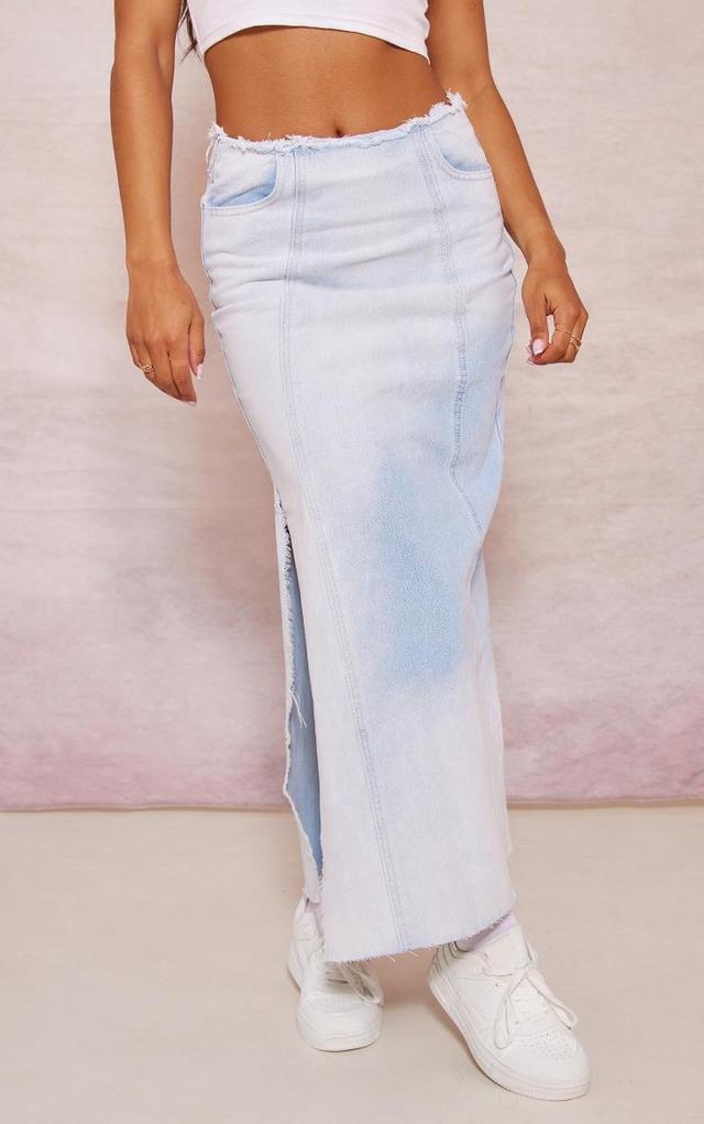 Light Blue Wash Raw Edge Side Split Denim Maxi Skirt Product Image