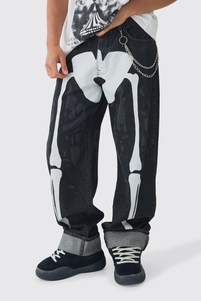 Mens Black Relaxed Rigid Skeleton Printed Jeans With Chain, Black Product Image