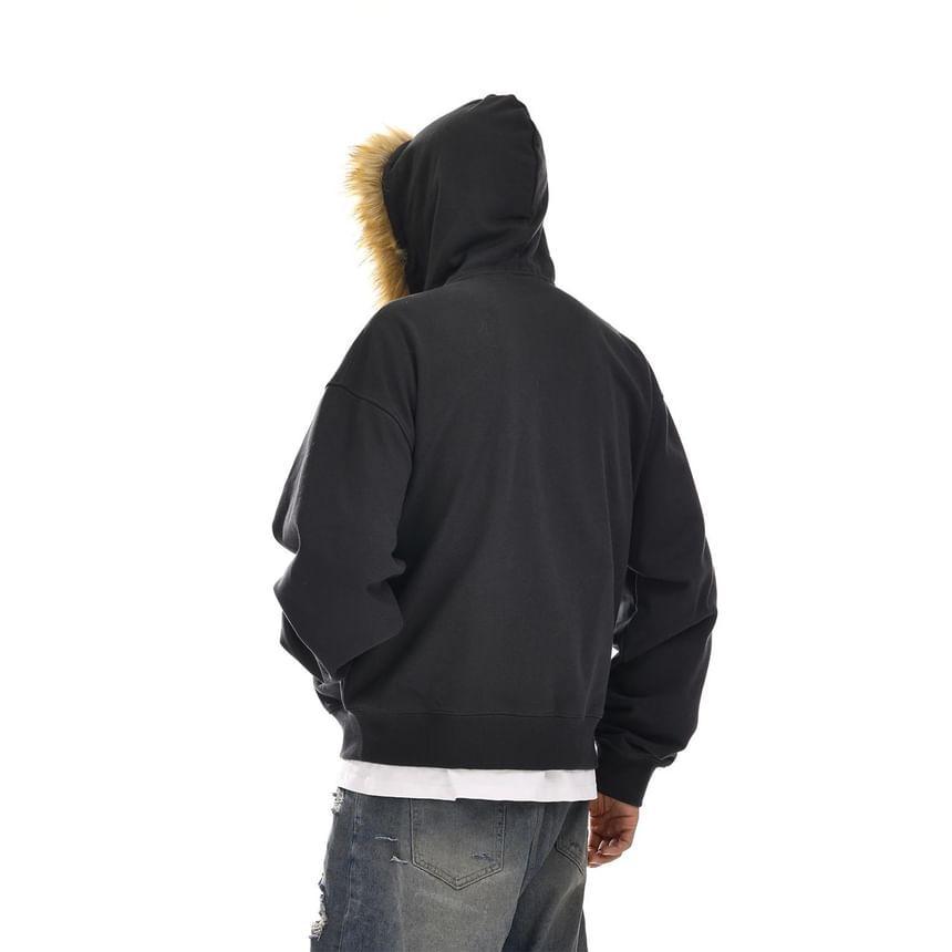 Plain Fluffy Trim Zip Hoodie Product Image