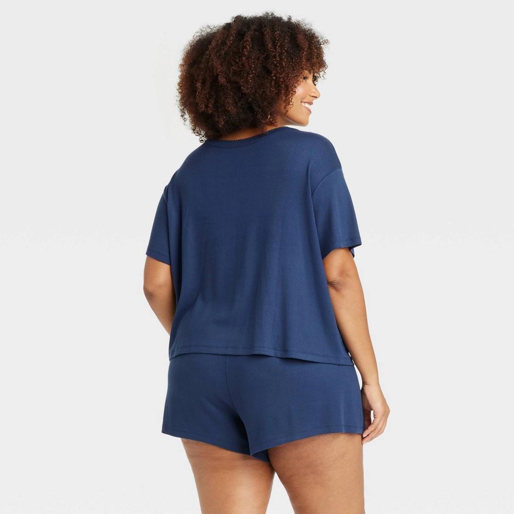 Women's Pointelle Short Sleeve Top and Shorts Pajama Set - Auden™ Navy Blue 1X Product Image