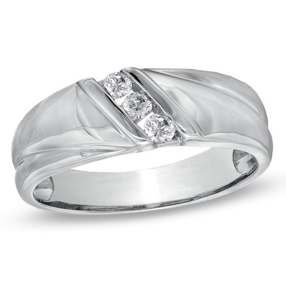 Men's 1/6 CT. T.w. Diamond Three Stone Slant Wedding Band in 10K White Gold Product Image