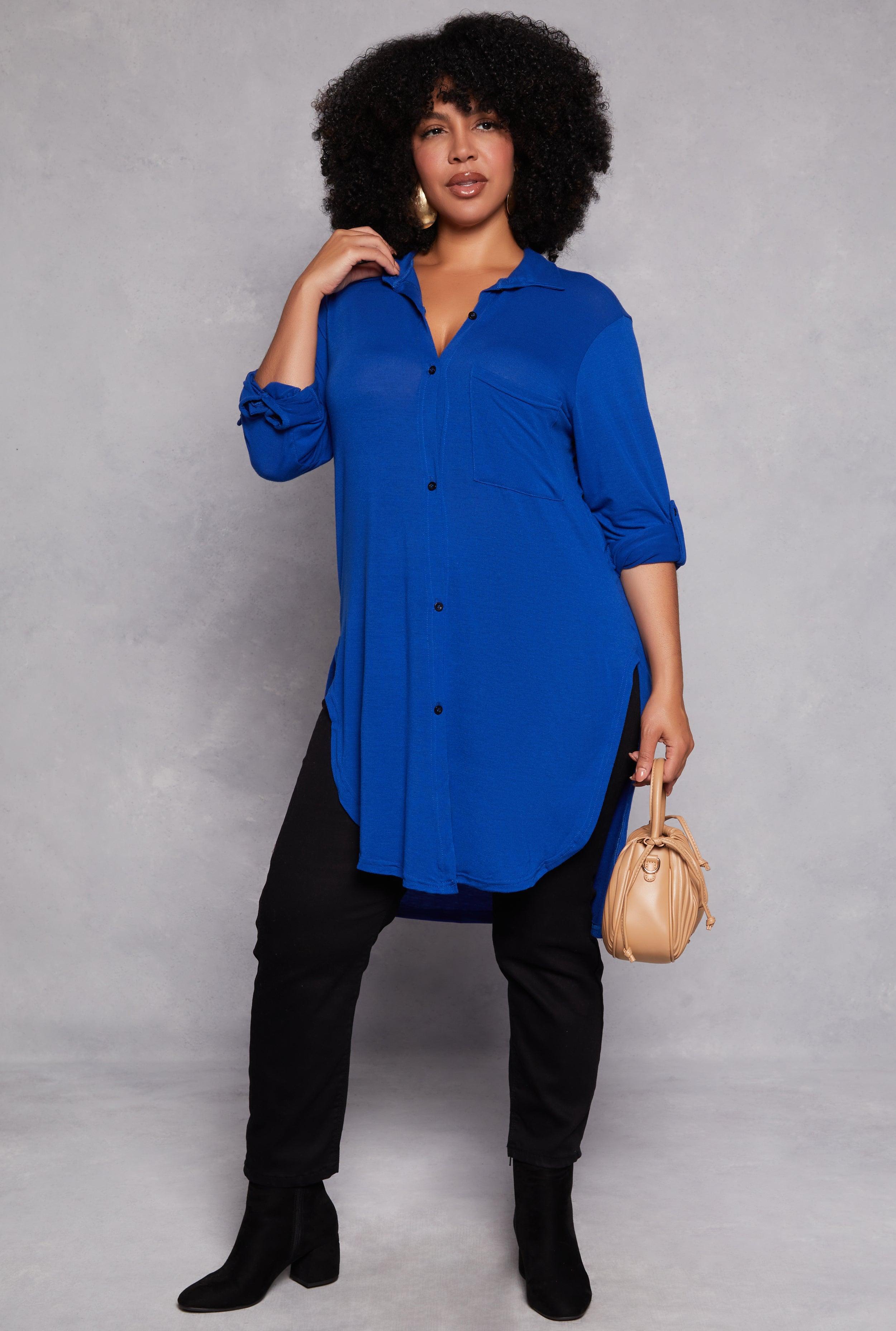 Plus Size Tabbed Sleeve Button Front Tunic Shirt Female Product Image