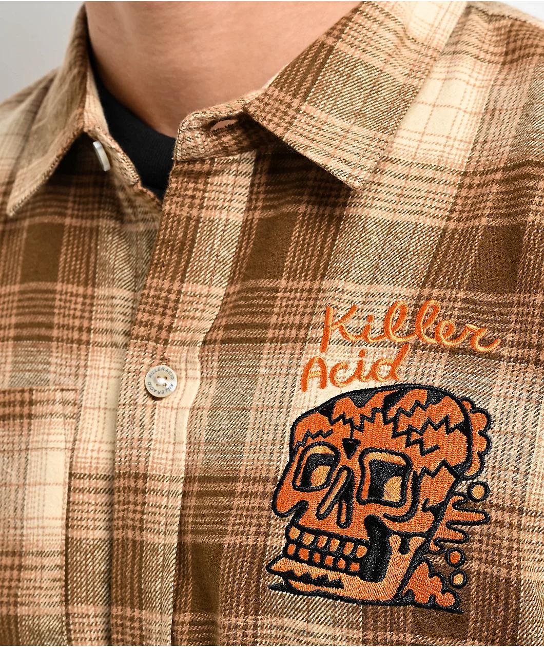 Killer Acid Skully Brown Plaid Long Sleeve Button Up Shirt Product Image