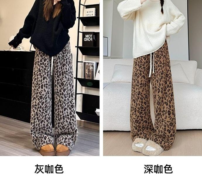 Drawstring Waist Leopard Print Wide Leg Pants Product Image