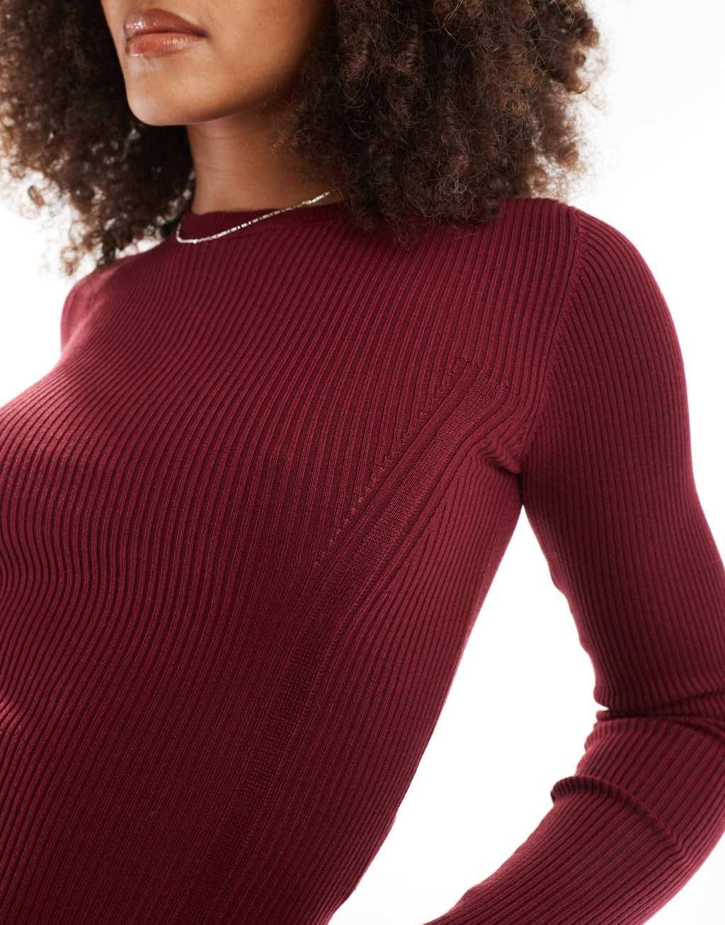 Pull&Bear seam detail ribbed knit top in burgundy Product Image