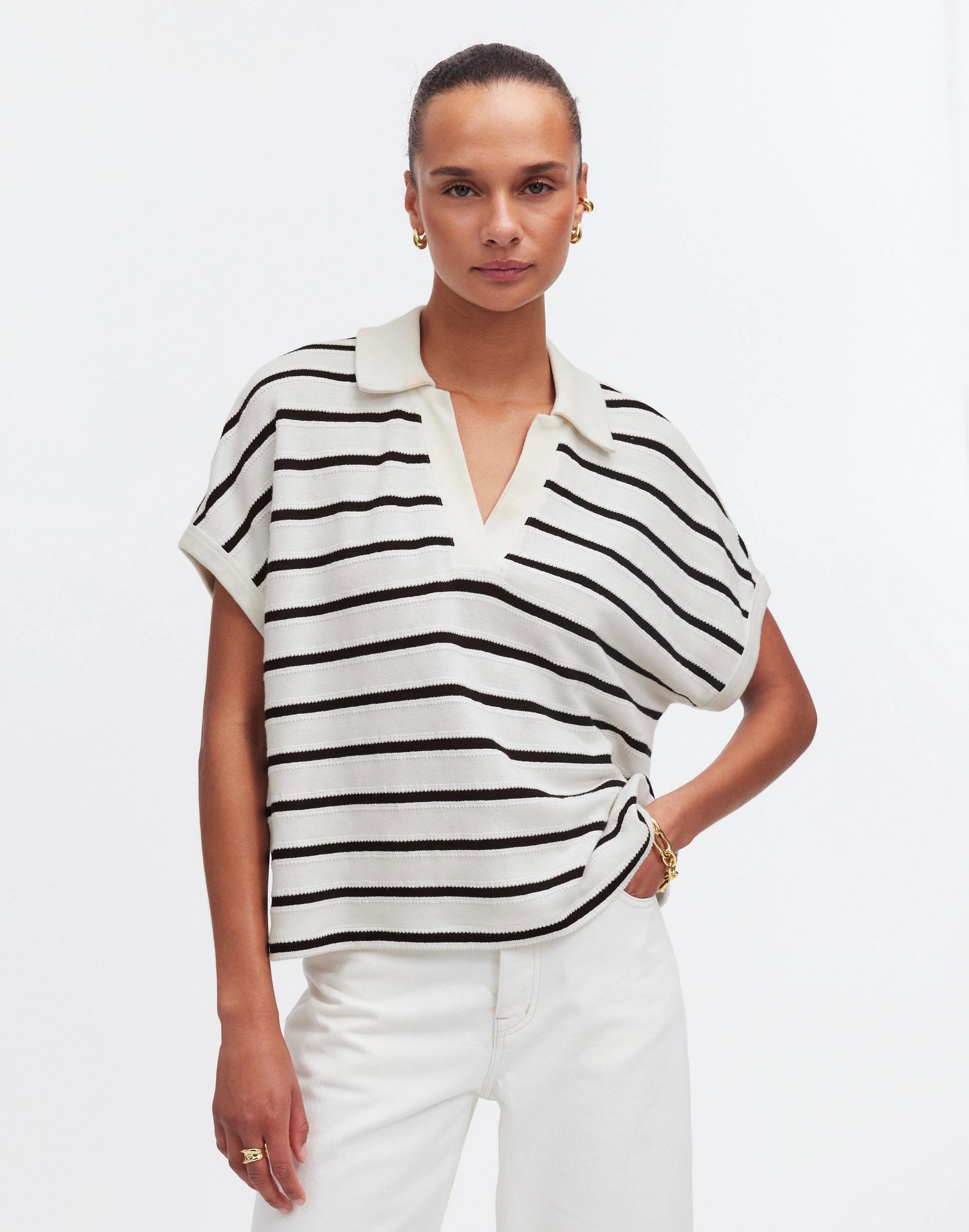 Relaxed V-Neck Polo Shirt in Stripe Product Image