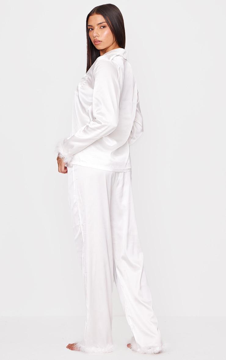 White Feather Trim Satin Long Pajama Set Product Image