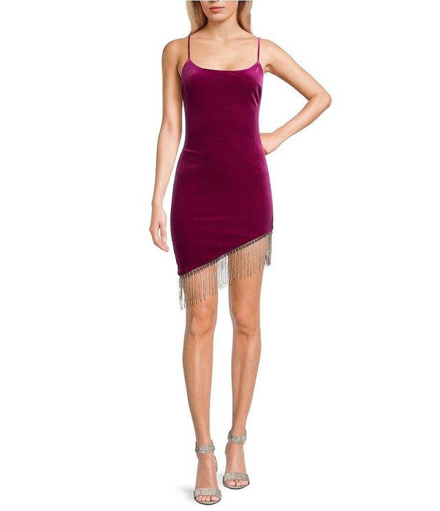 City Vibe Velvet Fringe Asymmetrical Hem Bodycon Dress Product Image