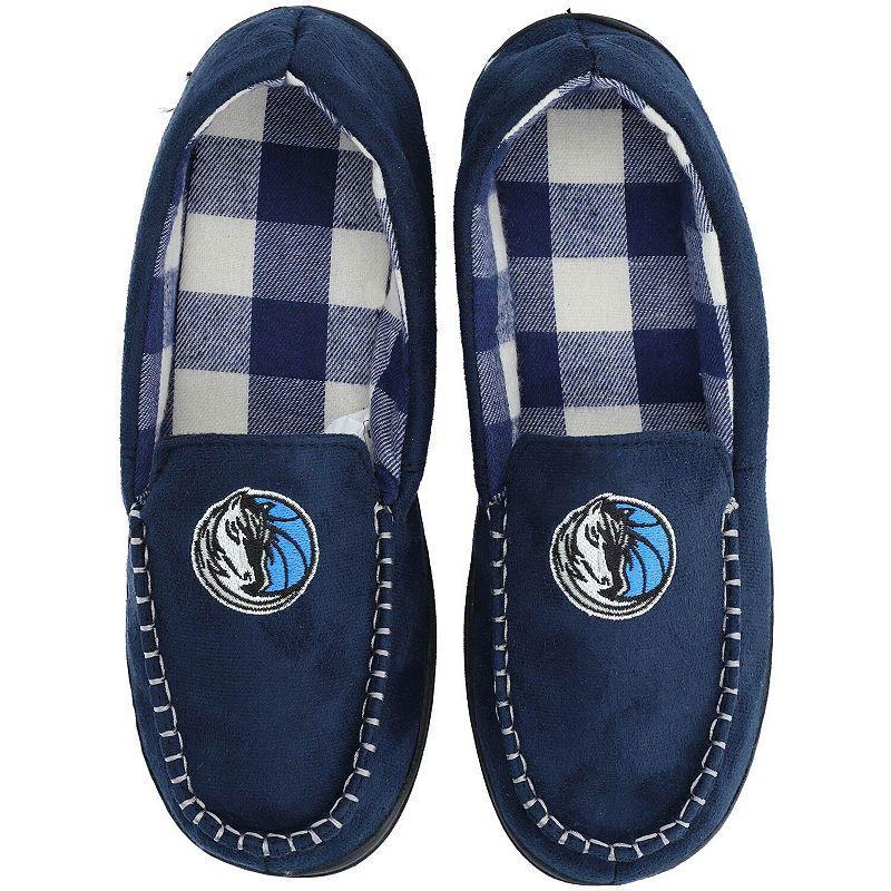 Mens FOCO Dallas Mavericks Team Logo Flannel Moccasin Slippers Blue Product Image