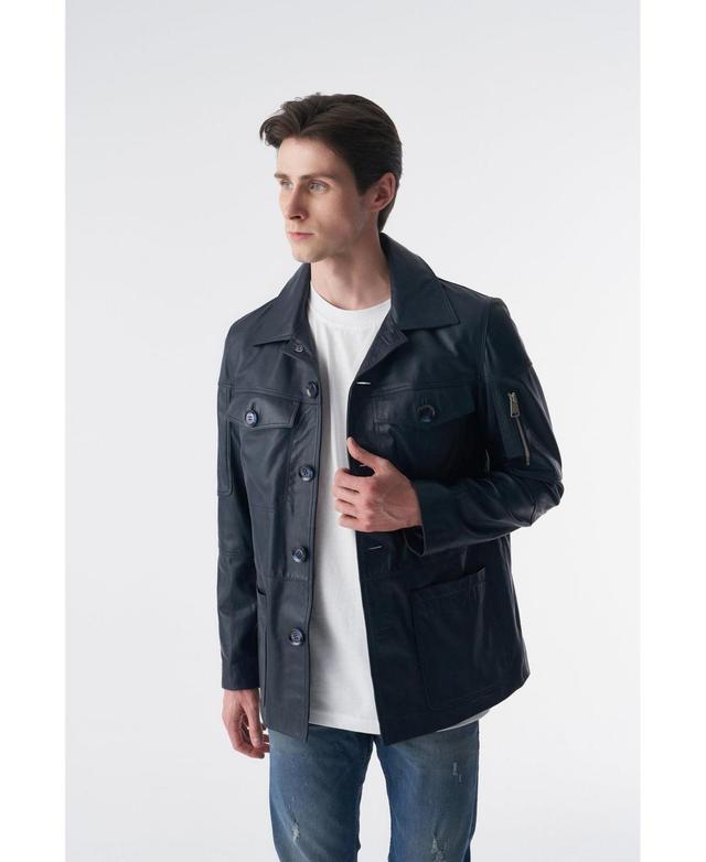 Furniq Uk Mens Genuine Leather Safari Coat Navy Product Image