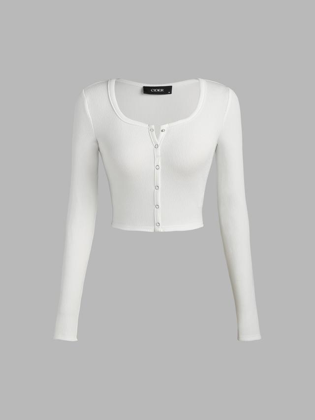 Solid Rib U-neckline Button Long Sleeve Top Product Image