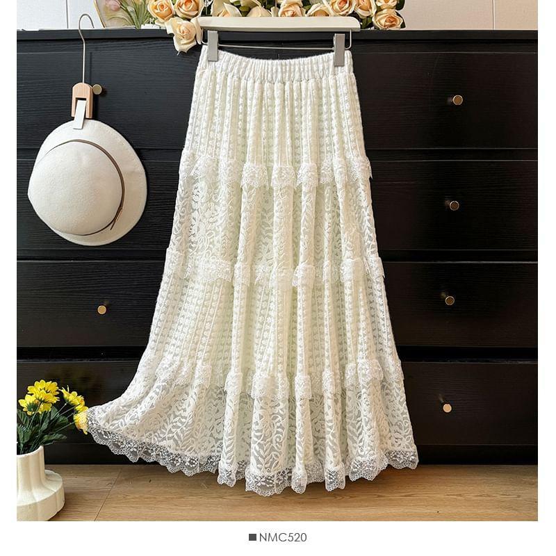 Tiered High-Rise Lace A-Line Skirt Product Image