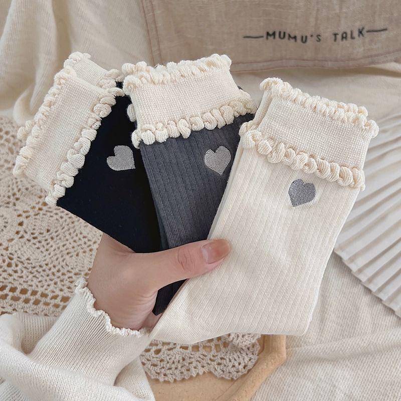 Heart Embroidery Frill Trim Crew Socks / Set Product Image