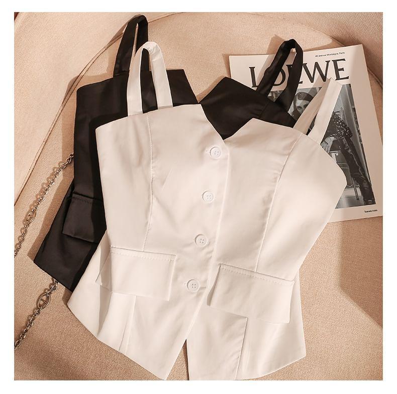 Sleeveless V-Neck Plain Button Down Cropped Vest Product Image