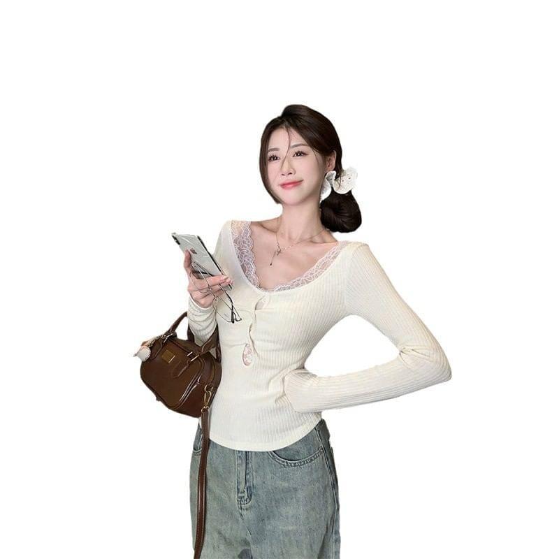 Long-Sleeve Scoop Neck Lace Trim Top Product Image