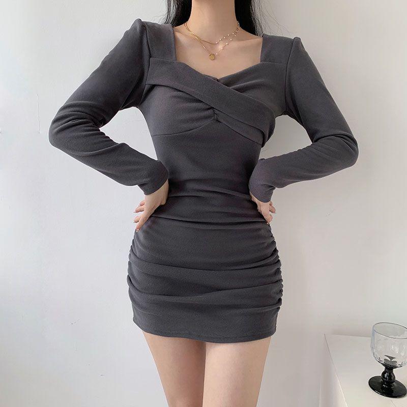 Long Sleeve Square Neck Plain Ruched Bodycon Mini Dress Product Image