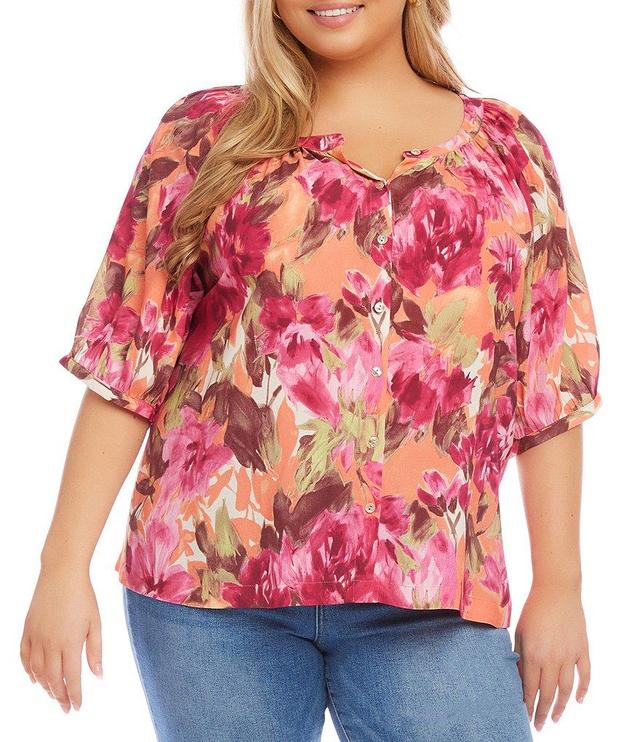 Karen Kane Plus Size Woven Floral Scoop Neck Elbow Length Sleeve Button-Front Peasant Top Product Image