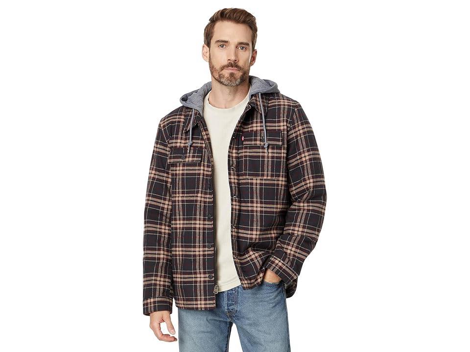 Levi's(r) Washed Cotton Shirt Jacket with A Jersey Hood and Sherpa Lining (Black/White Buffalo Plaid (WPB)) Men's Clothing Product Image